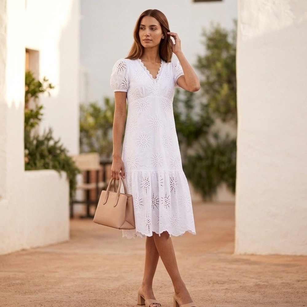 Kate Spade Suns Eyelet Midi Dress Womens 8 White Scalloped Cotton Starburst